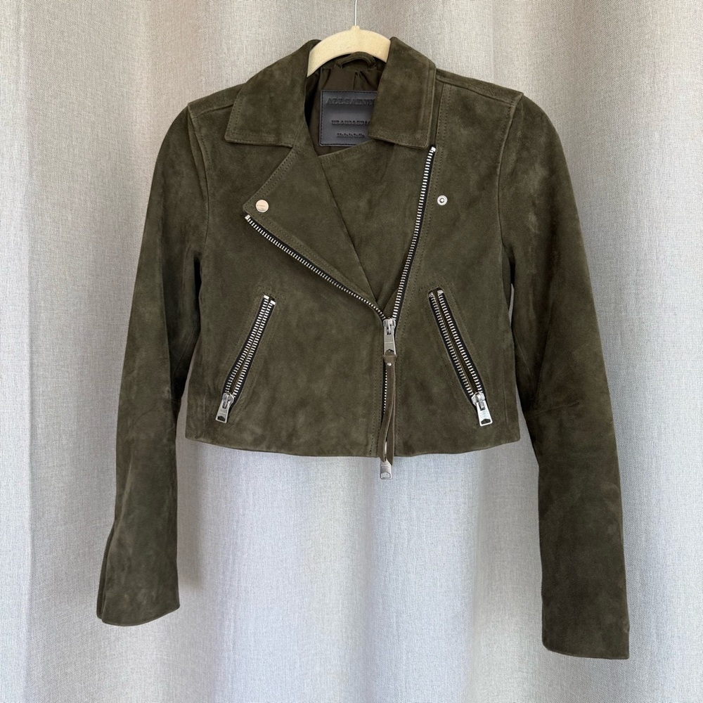 All Saints Suede Green Dalby Cropped Long Sleeve Jacket XS (2) - Picture 3 of 14